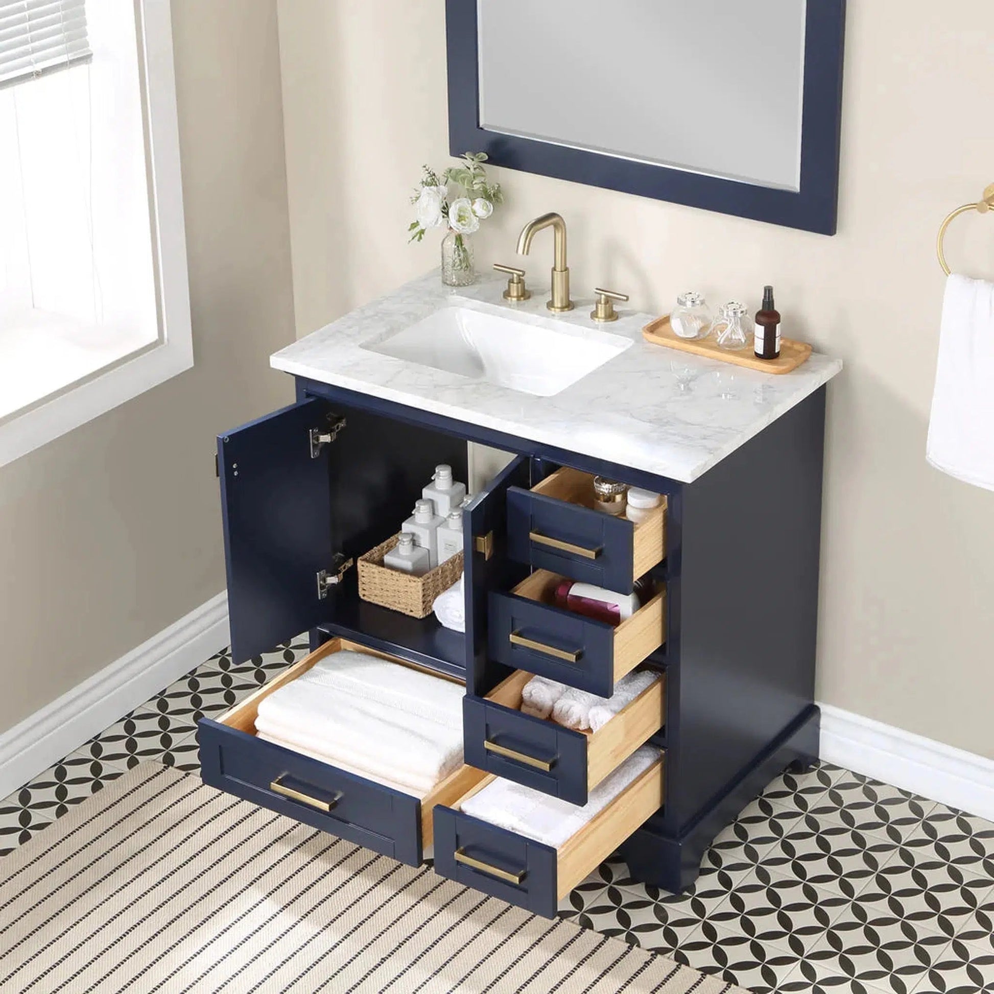 Stufurhome Brittany 36" Dark Blue Freestanding Bathroom Vanity with Single Sink, Wood Framed Mirror, 5 Drawers, 1 Door and Widespread Faucet Holes