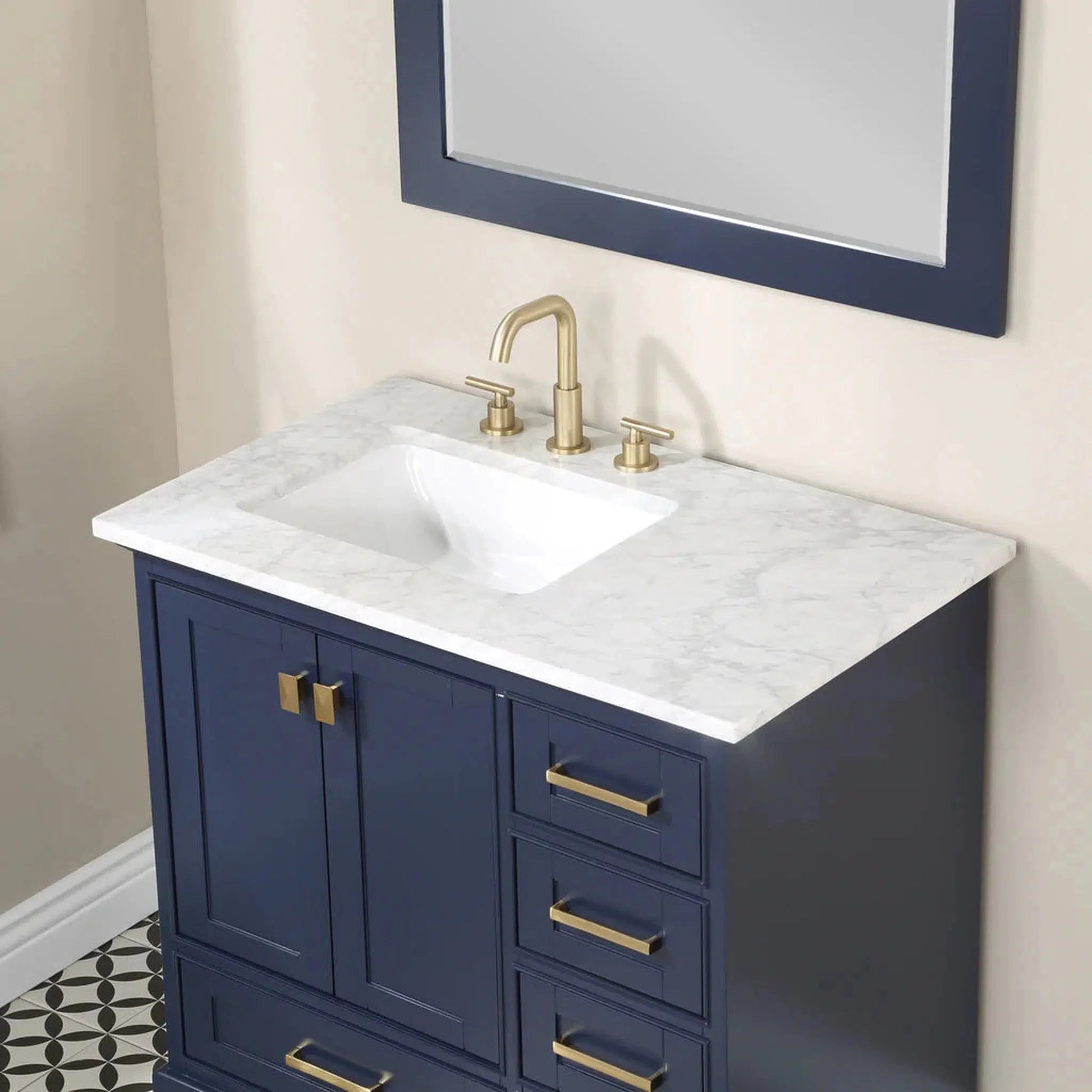 Stufurhome Brittany 36" Dark Blue Freestanding Bathroom Vanity with Single Sink, Wood Framed Mirror, 5 Drawers, 1 Door and Widespread Faucet Holes