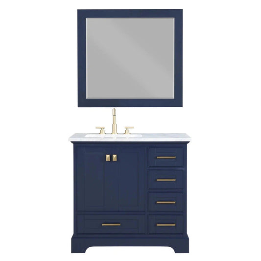 Stufurhome Brittany 36" Dark Blue Freestanding Bathroom Vanity with Single Sink, Wood Framed Mirror, 5 Drawers, 1 Door and Widespread Faucet Holes