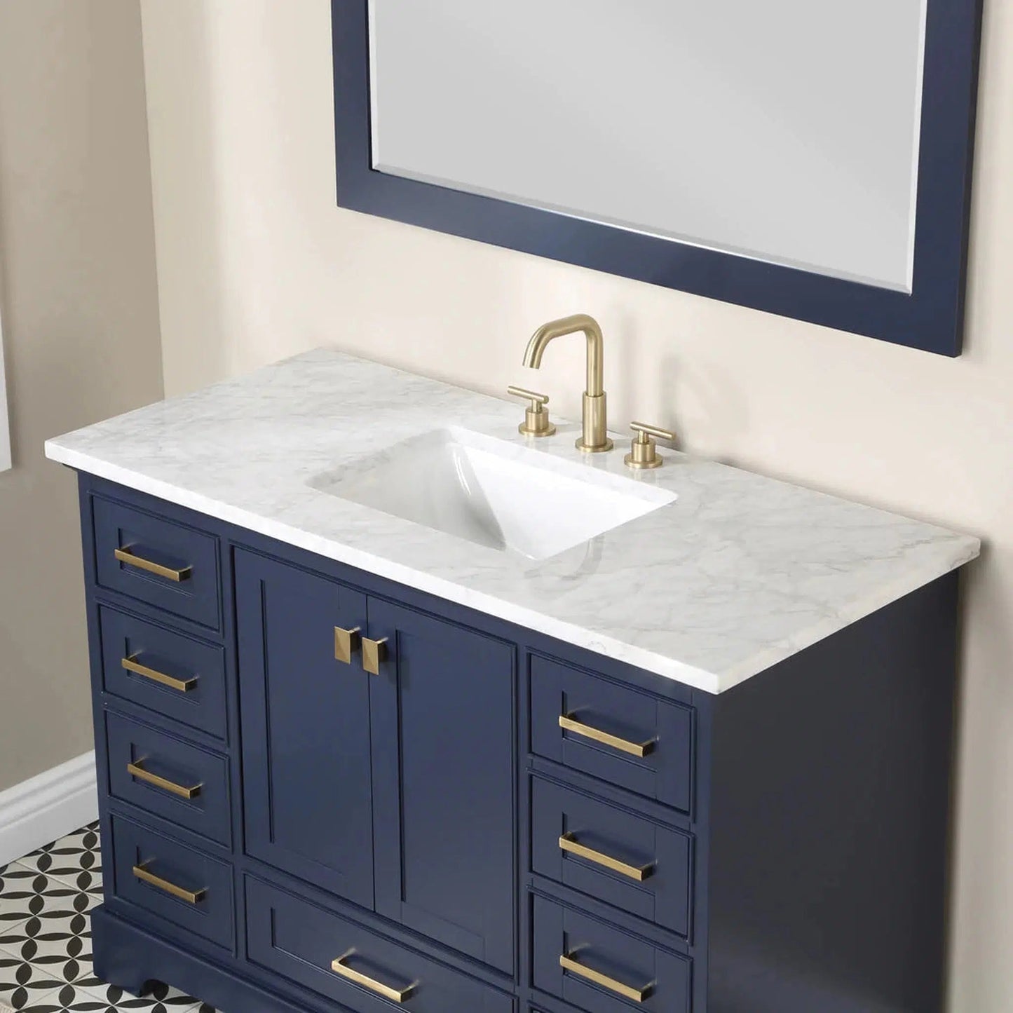 Stufurhome Brittany 48" Dark Blue Freestanding Bathroom Vanity with Rectangular Single Sink, Wood Framed Mirror, 9 Drawers, 2 Doors and Widespread Faucet Holes