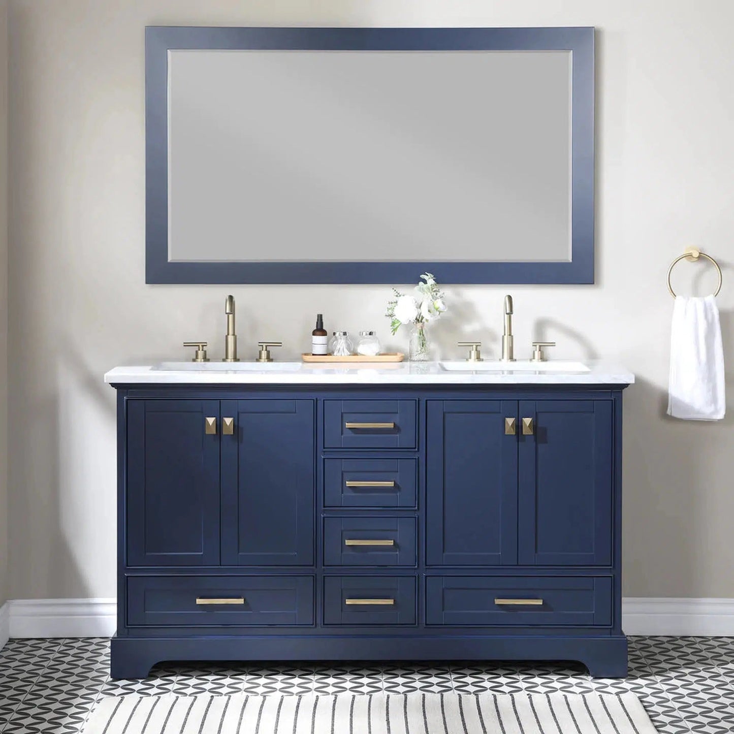 Stufurhome Brittany 60" Dark Blue Freestanding Bathroom Vanity with Rectangular Double Sinks, Wood Framed Mirror, 6 Drawers, 4 Doors and 6 Widespread Faucet Holes