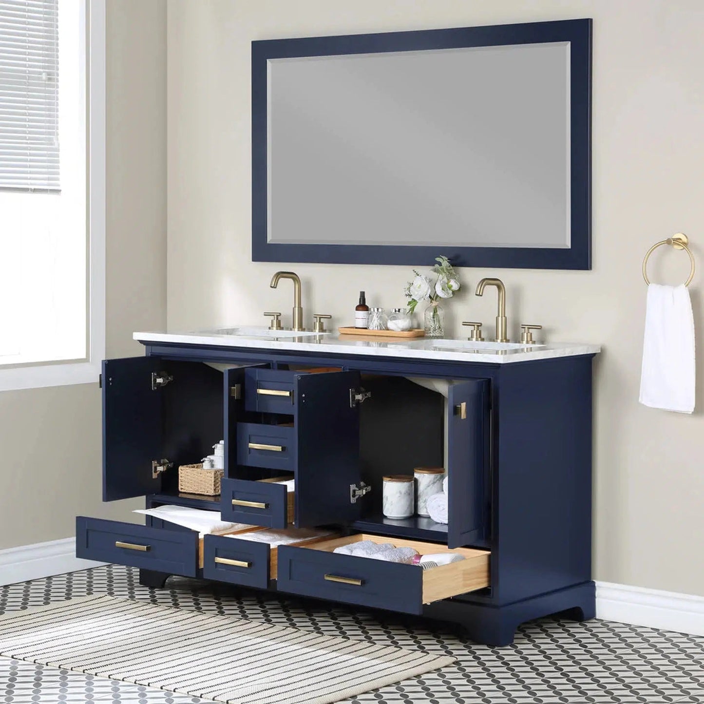 Stufurhome Brittany 60" Dark Blue Freestanding Bathroom Vanity with Rectangular Double Sinks, Wood Framed Mirror, 6 Drawers, 4 Doors and 6 Widespread Faucet Holes