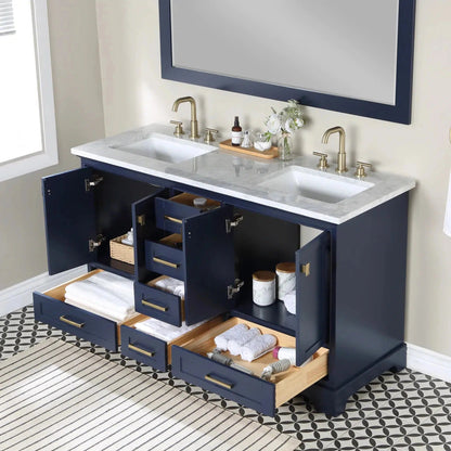 Stufurhome Brittany 60" Dark Blue Freestanding Bathroom Vanity with Rectangular Double Sinks, Wood Framed Mirror, 6 Drawers, 4 Doors and 6 Widespread Faucet Holes