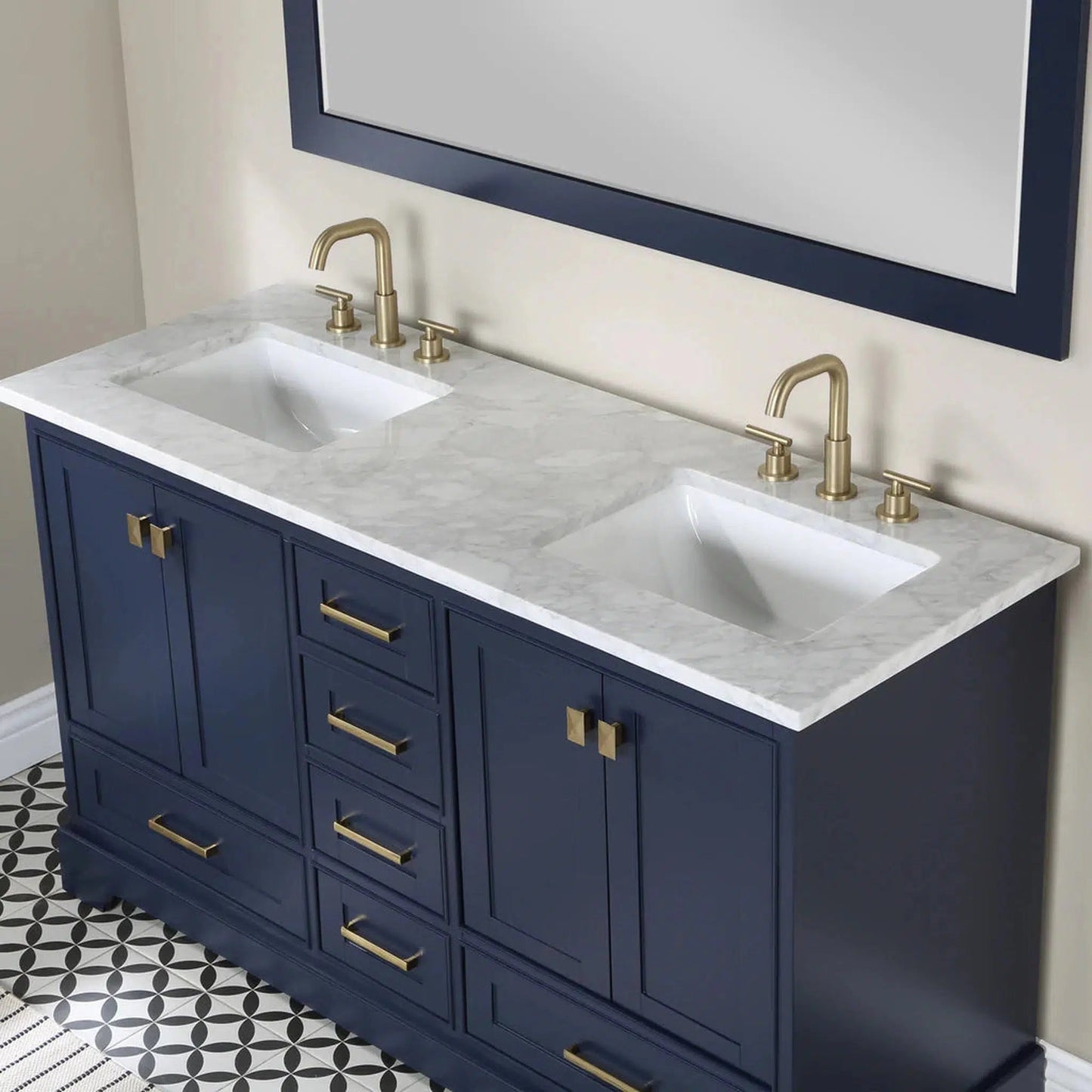 Stufurhome Brittany 60" Dark Blue Freestanding Bathroom Vanity with Rectangular Double Sinks, Wood Framed Mirror, 6 Drawers, 4 Doors and 6 Widespread Faucet Holes