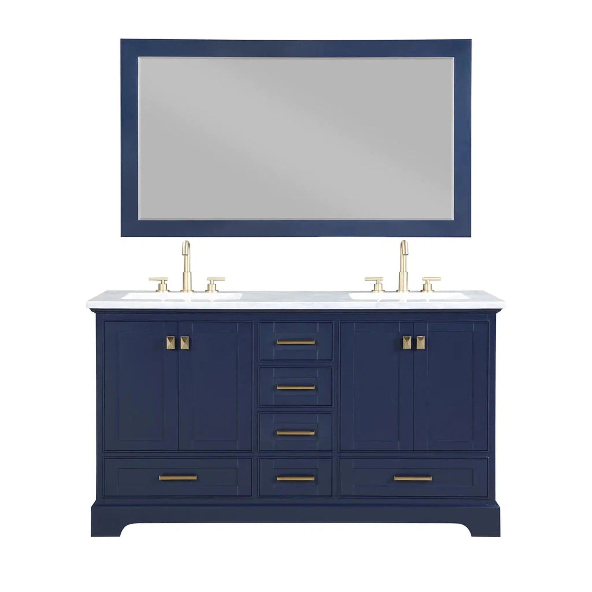 Stufurhome Brittany 60" Dark Blue Freestanding Bathroom Vanity with Rectangular Double Sinks, Wood Framed Mirror, 6 Drawers, 4 Doors and 6 Widespread Faucet Holes