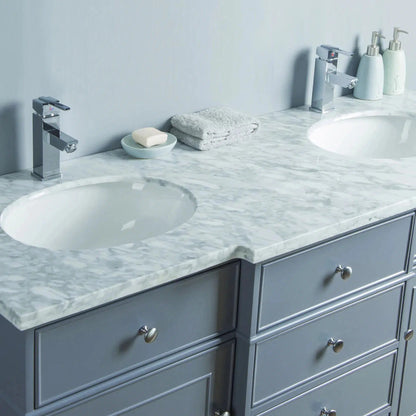 Stufurhome Cadence 60" Grey Freestanding Bathroom Vanity With Oval Double Sinks, 4 Drawers, 2 Doors, Carrara White Marble Top and 2 Faucet Holes