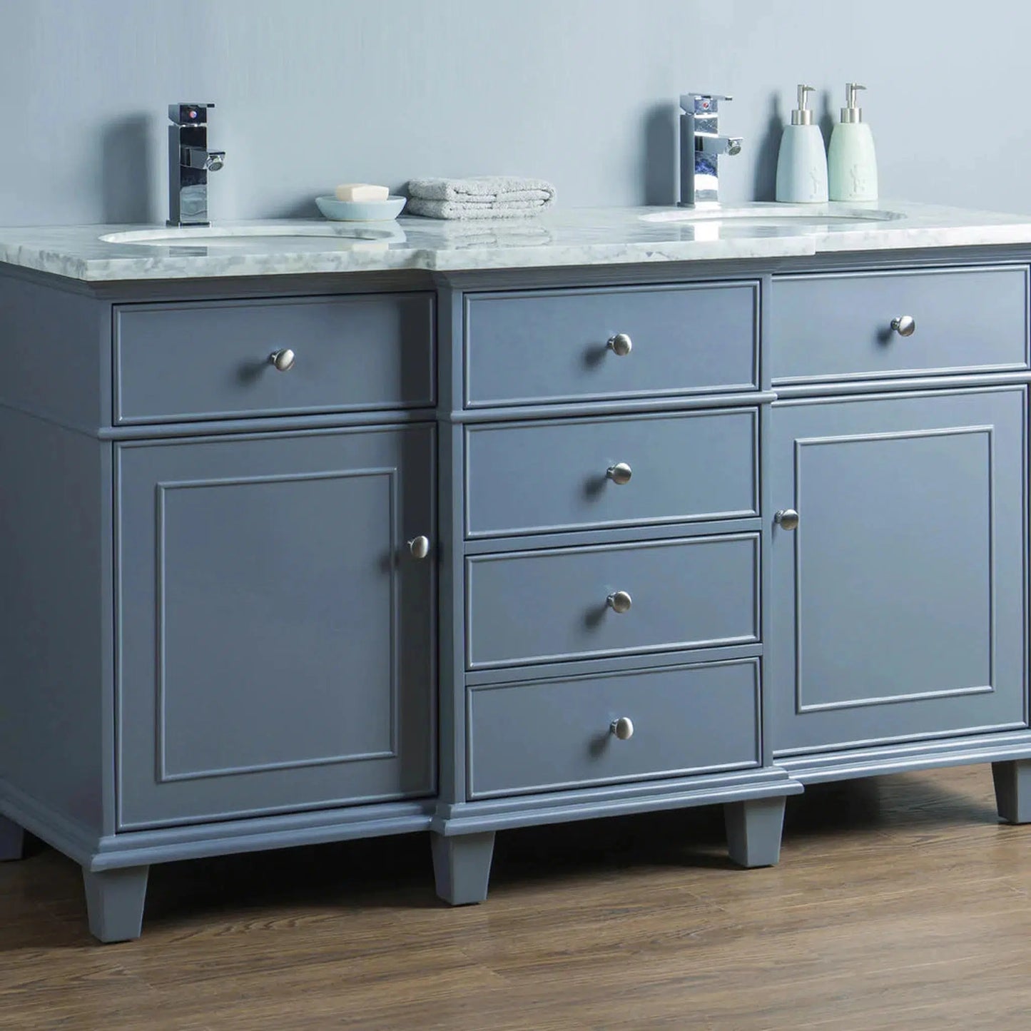 Stufurhome Cadence 60" Grey Freestanding Bathroom Vanity With Oval Double Sinks, 4 Drawers, 2 Doors, Carrara White Marble Top and 2 Faucet Holes