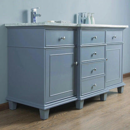 Stufurhome Cadence 60" Grey Freestanding Bathroom Vanity With Oval Double Sinks, 4 Drawers, 2 Doors, Carrara White Marble Top and 2 Faucet Holes