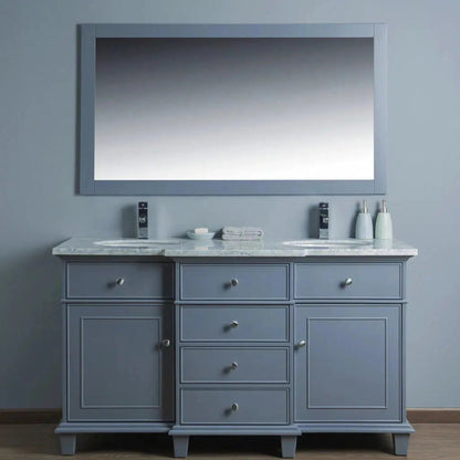 Stufurhome Cadence 60" Grey Freestanding Bathroom Vanity With Oval Double Sinks, Carrara White Marble Top, Wooden Framed Mirror, 4 Drawers, 2 Doors and 2 Pre-Drilled Faucet Holes