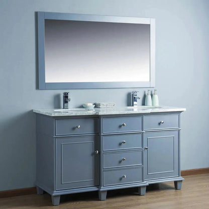 Stufurhome Cadence 60" Grey Freestanding Bathroom Vanity With Oval Double Sinks, Carrara White Marble Top, Wooden Framed Mirror, 4 Drawers, 2 Doors and 2 Pre-Drilled Faucet Holes