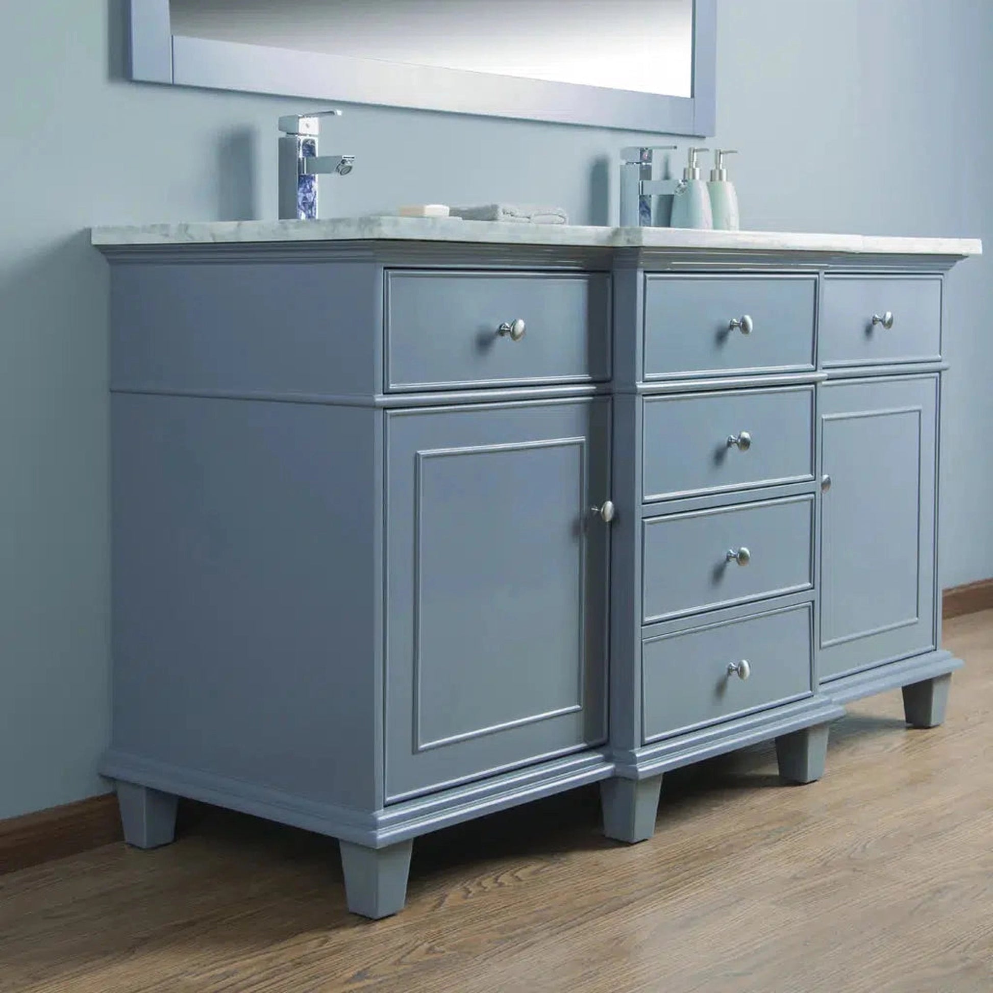 Stufurhome Cadence 60" Grey Freestanding Bathroom Vanity With Oval Double Sinks, Carrara White Marble Top, Wooden Framed Mirror, 4 Drawers, 2 Doors and 2 Pre-Drilled Faucet Holes