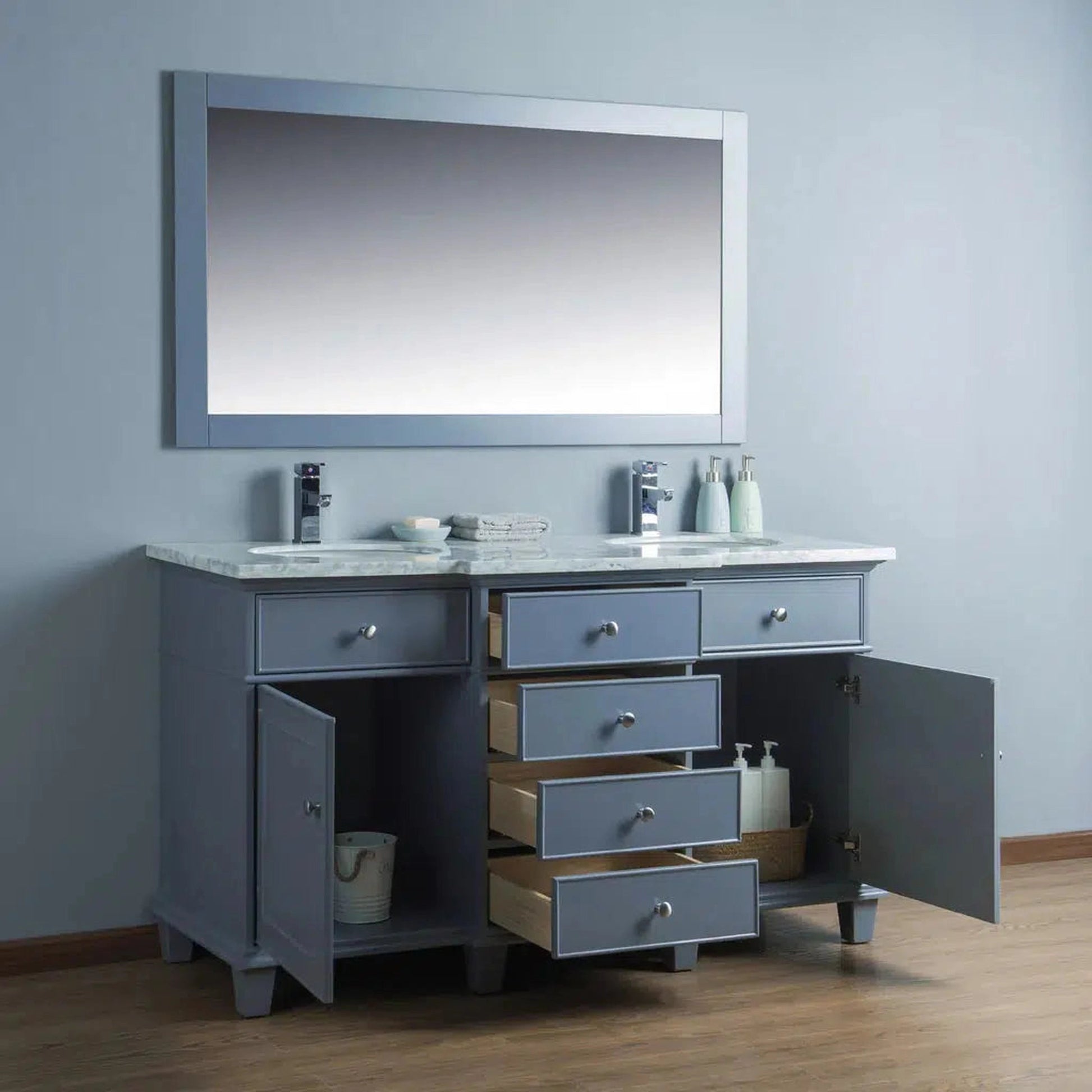 Stufurhome Cadence 60" Grey Freestanding Bathroom Vanity With Oval Double Sinks, Carrara White Marble Top, Wooden Framed Mirror, 4 Drawers, 2 Doors and 2 Pre-Drilled Faucet Holes