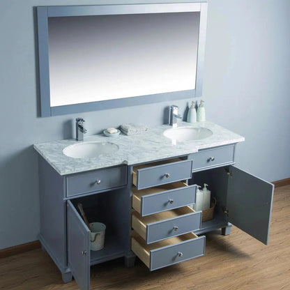 Stufurhome Cadence 60" Grey Freestanding Bathroom Vanity With Oval Double Sinks, Carrara White Marble Top, Wooden Framed Mirror, 4 Drawers, 2 Doors and 2 Pre-Drilled Faucet Holes