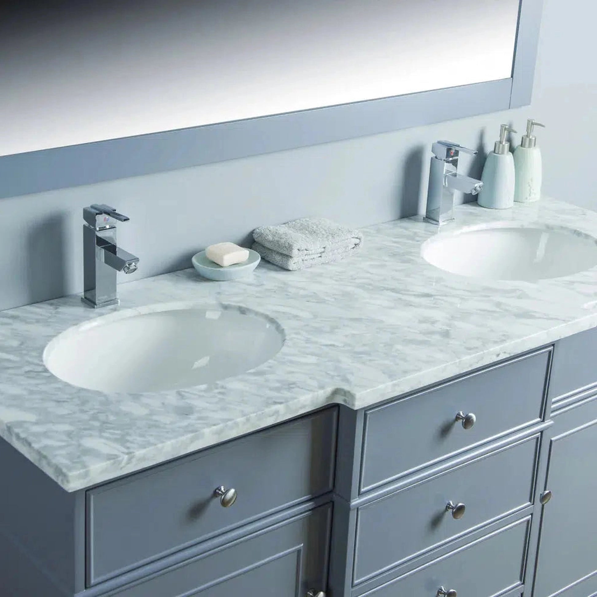 Stufurhome Cadence 60" Grey Freestanding Bathroom Vanity With Oval Double Sinks, Carrara White Marble Top, Wooden Framed Mirror, 4 Drawers, 2 Doors and 2 Pre-Drilled Faucet Holes