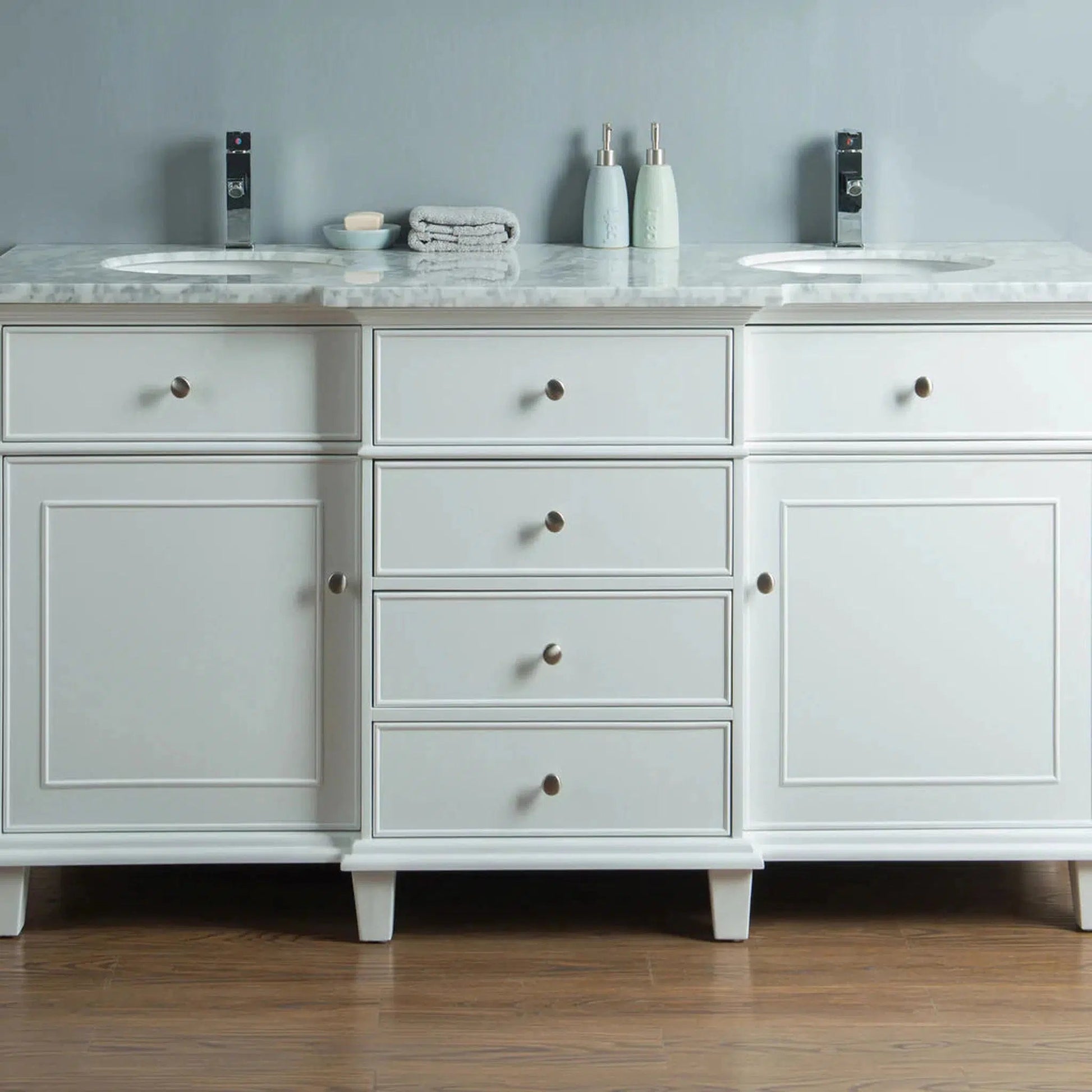 Stufurhome Cadence 60" White Freestanding Bathroom Vanity With Oval Double Sinks, 4 Drawers, 2 Doors, Carrara White Marble Top and 2 Faucet Holes