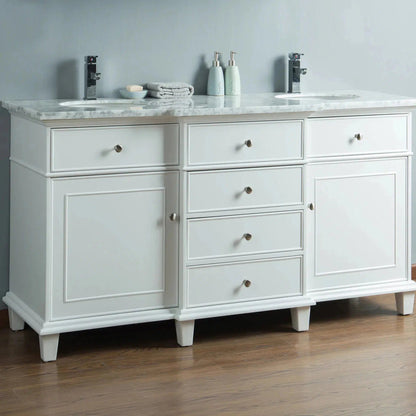 Stufurhome Cadence 60" White Freestanding Bathroom Vanity With Oval Double Sinks, 4 Drawers, 2 Doors, Carrara White Marble Top and 2 Faucet Holes