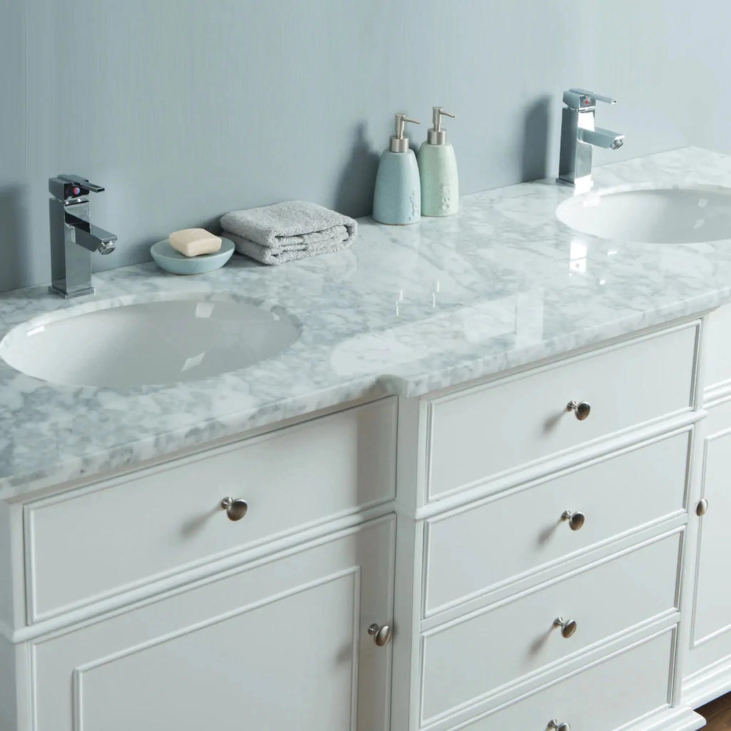 Stufurhome Cadence 60" White Freestanding Bathroom Vanity With Oval Double Sinks, 4 Drawers, 2 Doors, Carrara White Marble Top and 2 Faucet Holes