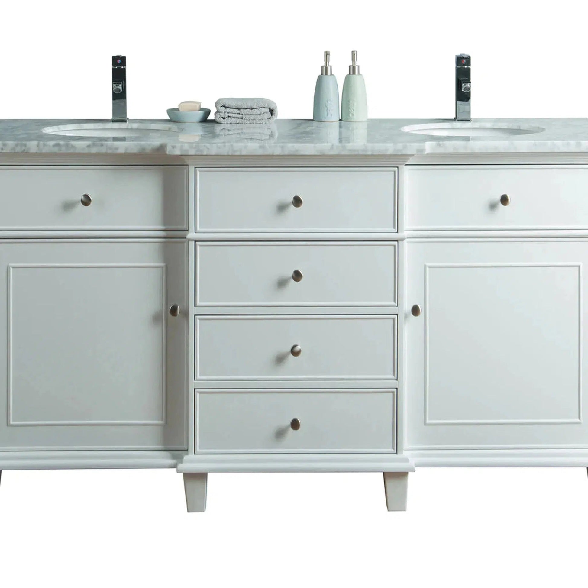 Stufurhome Cadence 60" White Freestanding Bathroom Vanity With Oval Double Sinks, 4 Drawers, 2 Doors, Carrara White Marble Top and 2 Faucet Holes