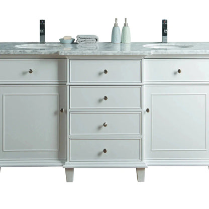 Stufurhome Cadence 60" White Freestanding Bathroom Vanity With Oval Double Sinks, 4 Drawers, 2 Doors, Carrara White Marble Top and 2 Faucet Holes