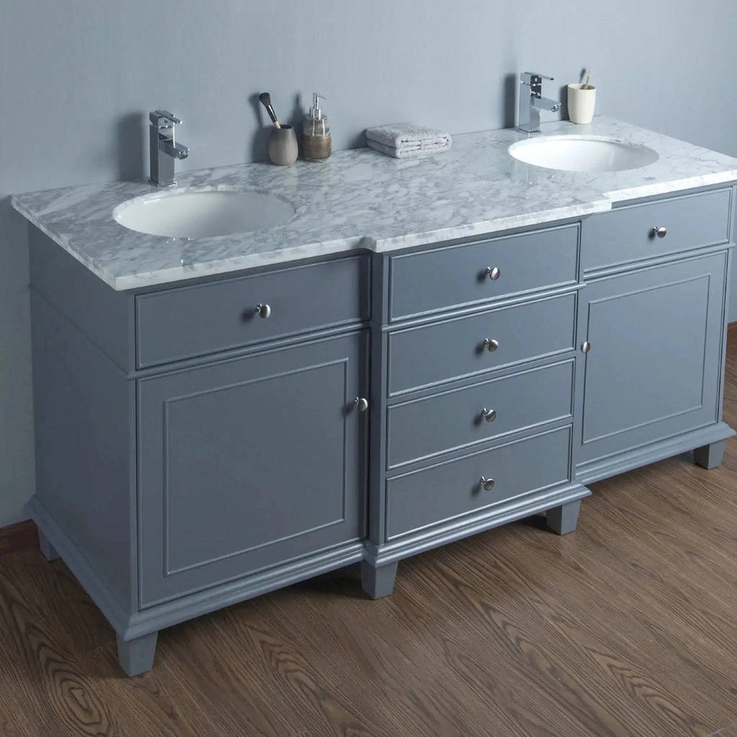 Stufurhome Cadence 72" Grey Freestanding Bathroom Vanity With Oval Double Sinks, 4 Drawers, 2 Doors, Carrara White Marble Top and 2 Faucet Holes