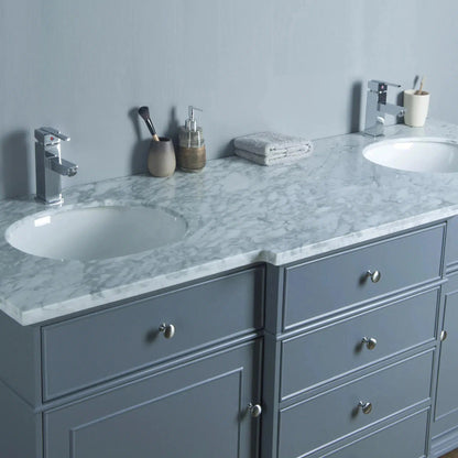 Stufurhome Cadence 72" Grey Freestanding Bathroom Vanity With Oval Double Sinks, 4 Drawers, 2 Doors, Carrara White Marble Top and 2 Faucet Holes