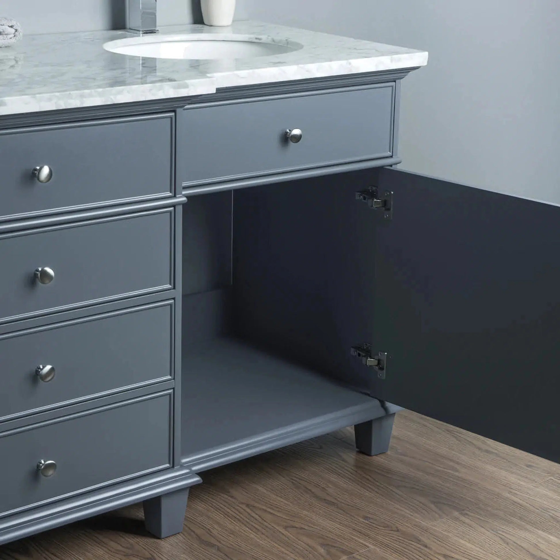 Stufurhome Cadence 72" Grey Freestanding Bathroom Vanity With Oval Double Sinks, 4 Drawers, 2 Doors, Carrara White Marble Top and 2 Faucet Holes