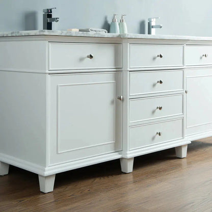 Stufurhome Cadence 72" White Freestanding Bathroom Vanity With Oval Double Sinks, 4 Drawers, 2 Doors, Carrara White Marble Top and 2 Faucet Holes