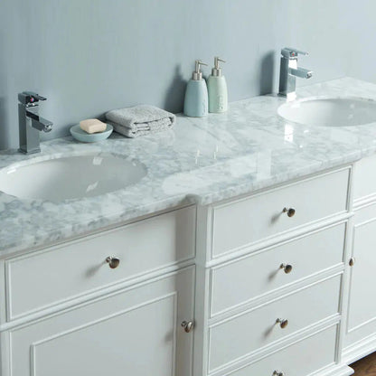 Stufurhome Cadence 72" White Freestanding Bathroom Vanity With Oval Double Sinks, 4 Drawers, 2 Doors, Carrara White Marble Top and 2 Faucet Holes