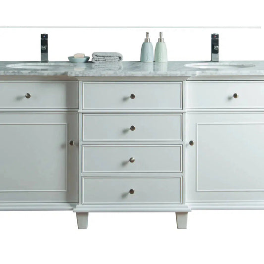 Stufurhome Cadence 72" White Freestanding Bathroom Vanity With Oval Double Sinks, 4 Drawers, 2 Doors, Carrara White Marble Top and 2 Faucet Holes