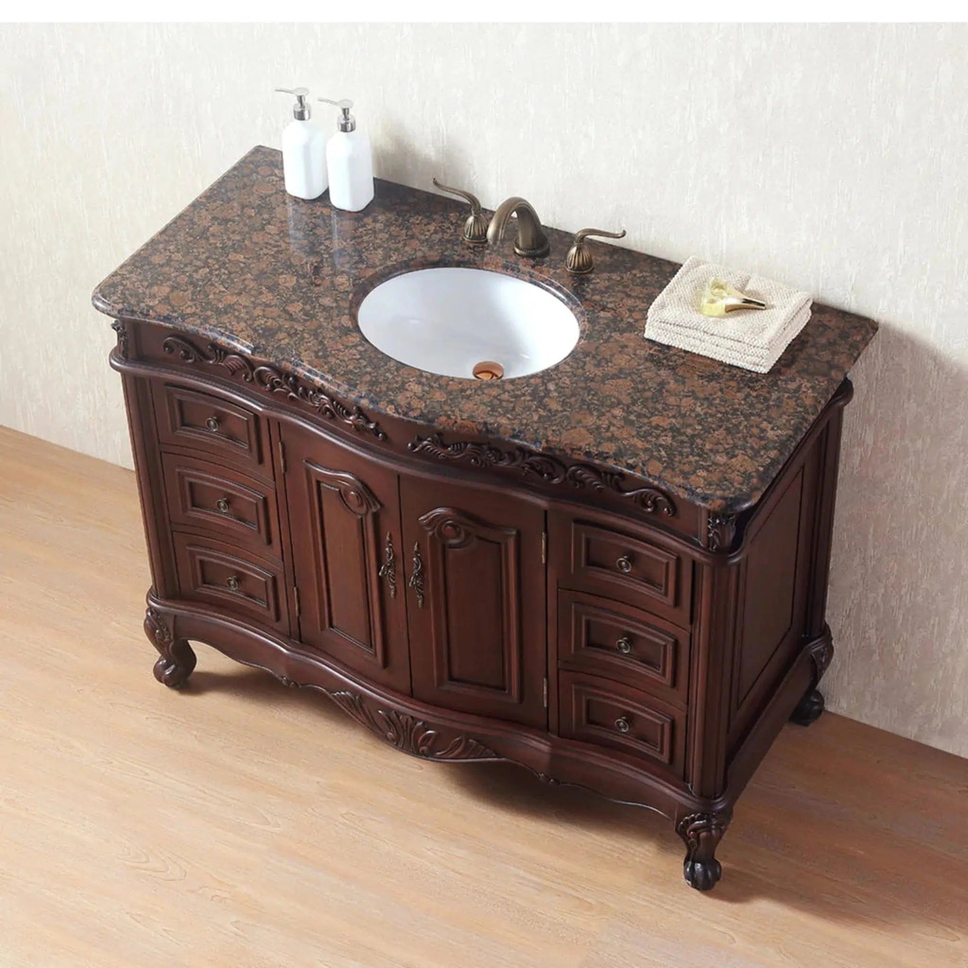 Stufurhome Cassandra 48" Dark Cherry 6-Drawer 2-Door Freestanding Black Bathroom Vanity With Oval Single Sink, Baltic Bown Granite Countertop and Widespread Faucet Holes