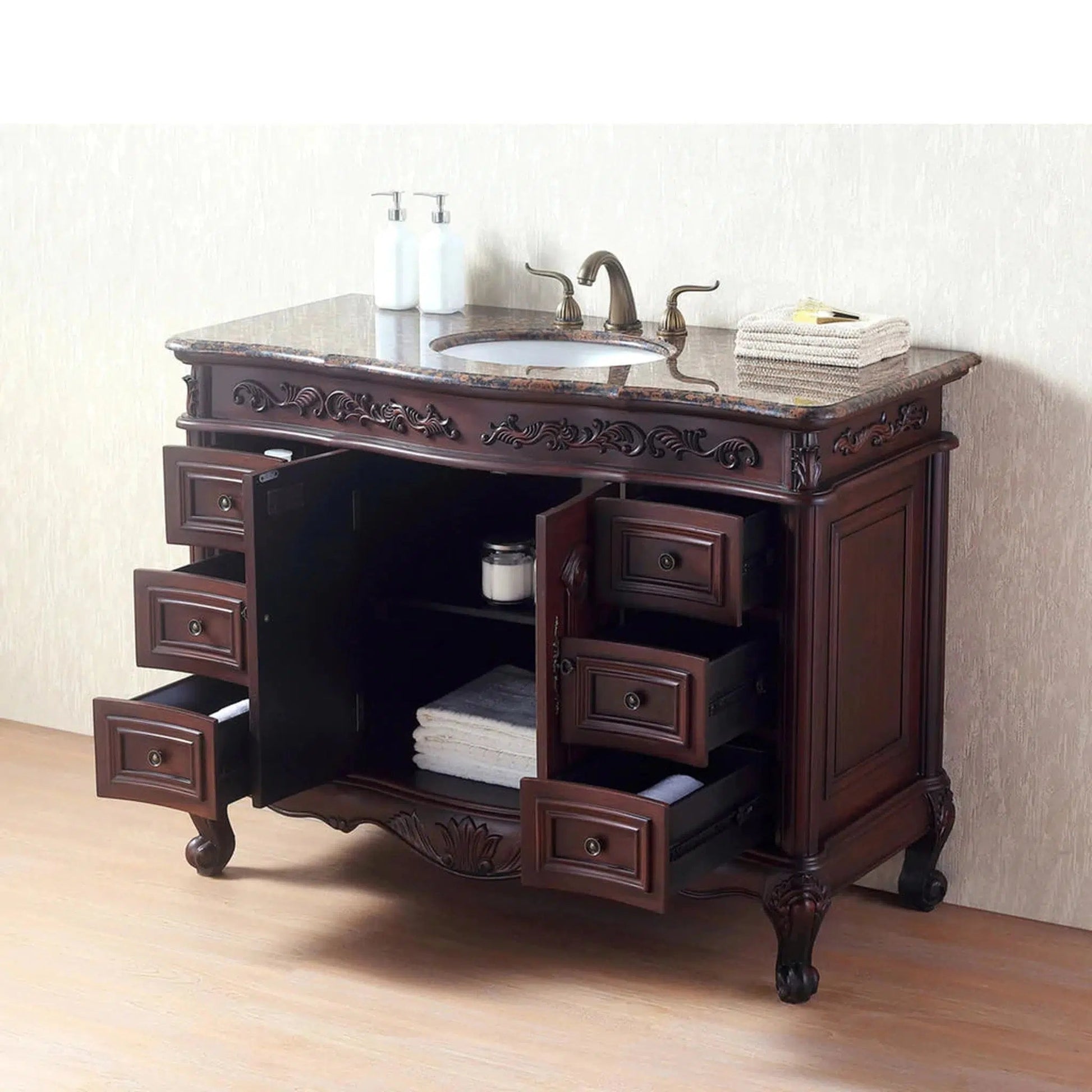 Stufurhome Cassandra 48" Dark Cherry 6-Drawer 2-Door Freestanding Black Bathroom Vanity With Oval Single Sink, Baltic Bown Granite Countertop and Widespread Faucet Holes