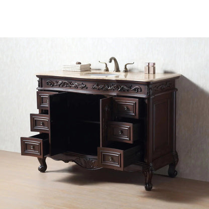 Stufurhome Cassandra 48" Dark Cherry 6-Drawer 2-Door Freestanding Black Bathroom Vanity With Oval Single Sink, Travertine Marble Countertop and Widespread Faucet Holes