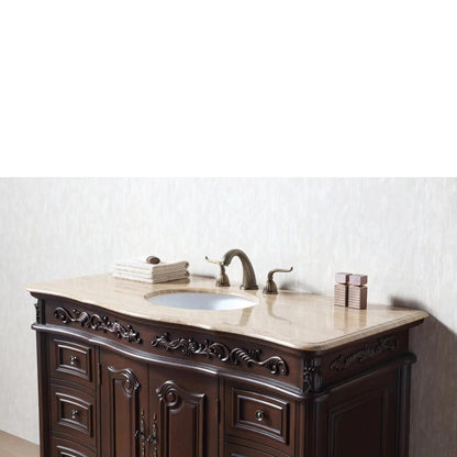 Stufurhome Cassandra 48" Dark Cherry 6-Drawer 2-Door Freestanding Black Bathroom Vanity With Oval Single Sink, Travertine Marble Countertop and Widespread Faucet Holes