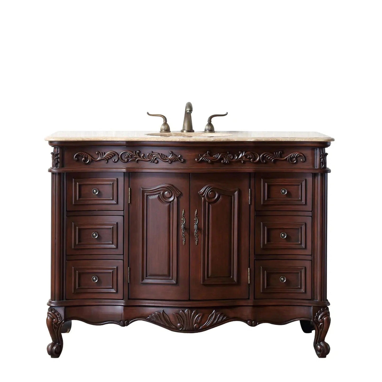 Stufurhome Cassandra 48" Dark Cherry 6-Drawer 2-Door Freestanding Black Bathroom Vanity With Oval Single Sink, Travertine Marble Countertop and Widespread Faucet Holes