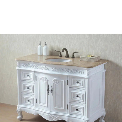 Stufurhome Cassandra 48" White 6-Drawers 2-Door Freestanding White Bathroom Vanity With Oval Single Sink, Travertine Marble Countertop and Widespread Faucet Holes