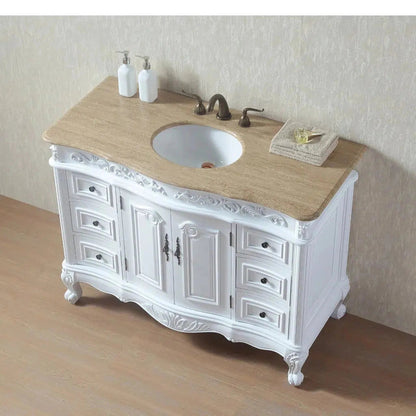 Stufurhome Cassandra 48" White 6-Drawers 2-Door Freestanding White Bathroom Vanity With Oval Single Sink, Travertine Marble Countertop and Widespread Faucet Holes