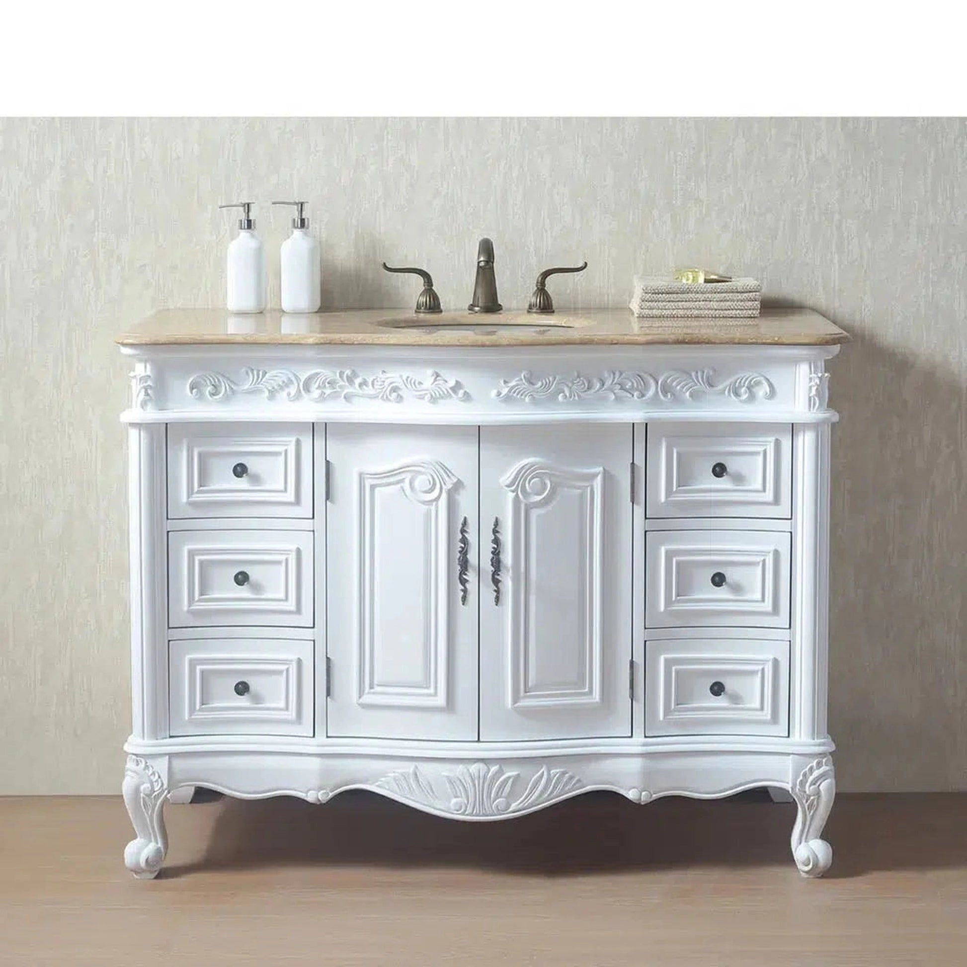 Stufurhome Cassandra 48" White 6-Drawers 2-Door Freestanding White Bathroom Vanity With Oval Single Sink, Travertine Marble Countertop and Widespread Faucet Holes