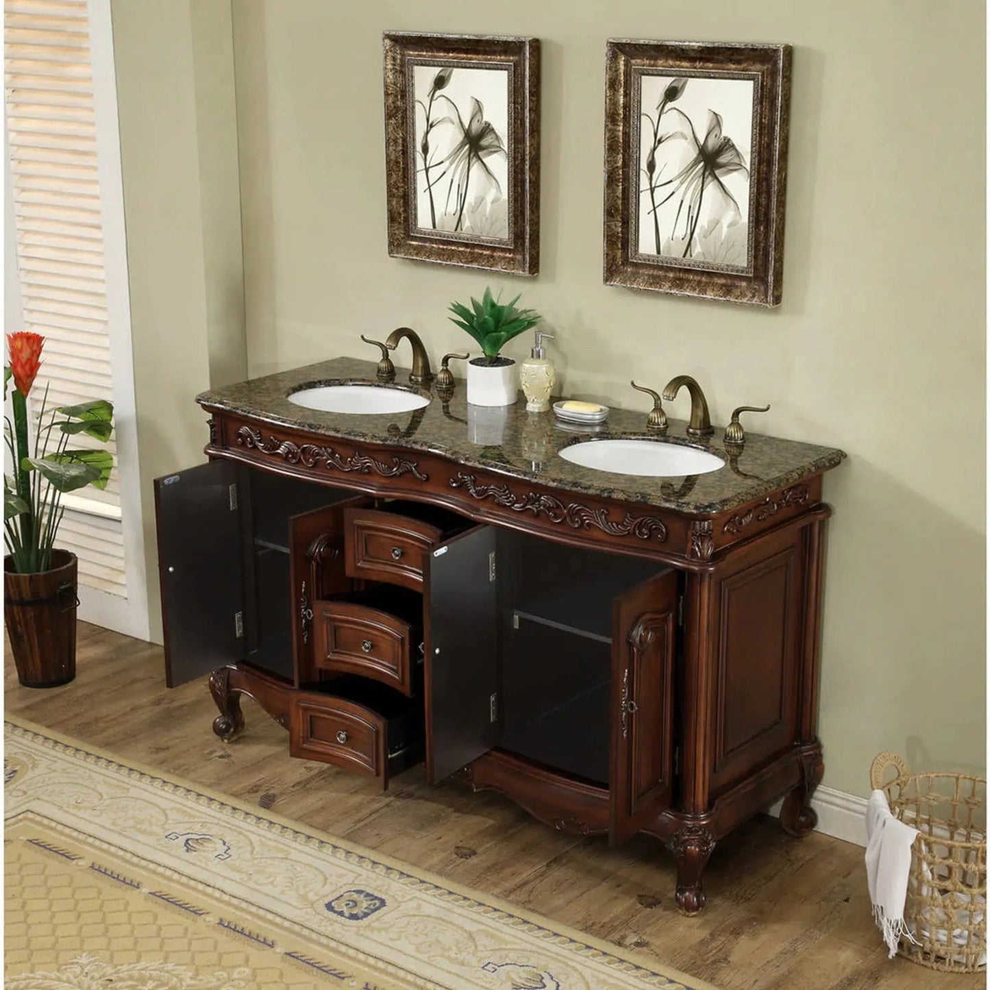 Stufurhome Cassandra 60" Dark Cherry Freestanding Bathroom Vanity With Oval Double Sinks, Baltic Brown Granite Countertop, 3 Drawers, 4 Doors and Widespread Faucet Holes