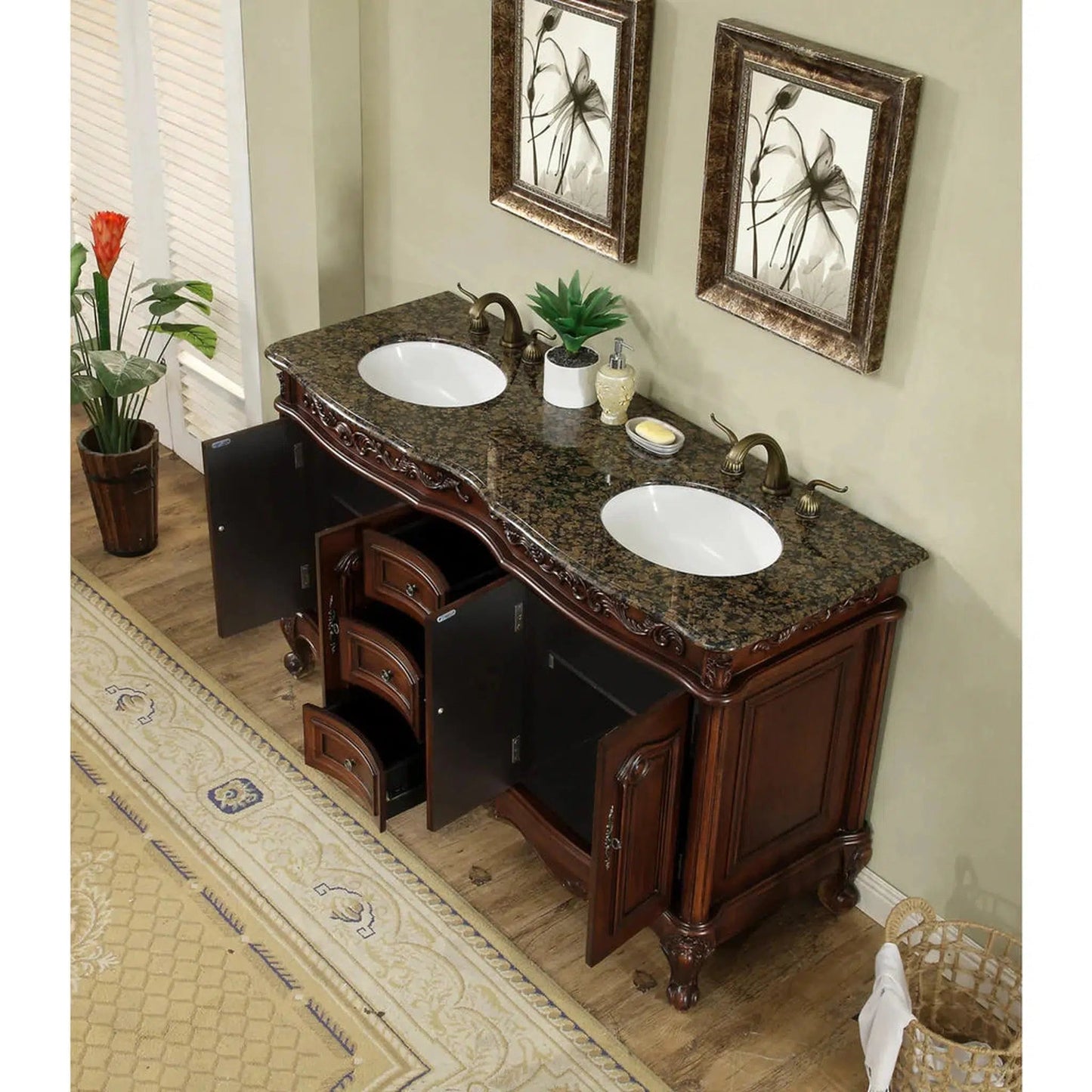 Stufurhome Cassandra 60" Dark Cherry Freestanding Bathroom Vanity With Oval Double Sinks, Baltic Brown Granite Countertop, 3 Drawers, 4 Doors and Widespread Faucet Holes