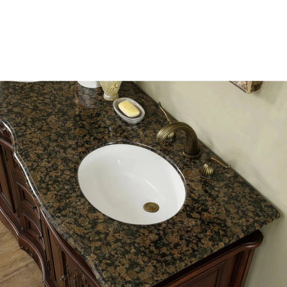 Stufurhome Cassandra 60" Dark Cherry Freestanding Bathroom Vanity With Oval Double Sinks, Baltic Brown Granite Countertop, 3 Drawers, 4 Doors and Widespread Faucet Holes