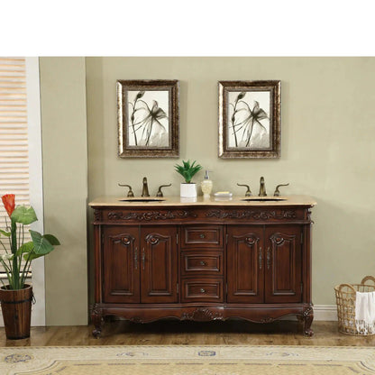 Stufurhome Cassandra 60" Dark Cherry Freestanding Bathroom Vanity With Oval Double Sinks, Travertine Marble Countertop, 3 Drawers, 4 Doors and Widespread Faucet Holes