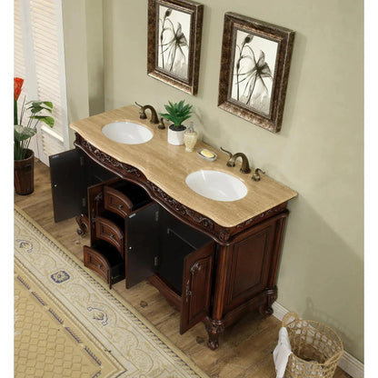 Stufurhome Cassandra 60" Dark Cherry Freestanding Bathroom Vanity With Oval Double Sinks, Travertine Marble Countertop, 3 Drawers, 4 Doors and Widespread Faucet Holes