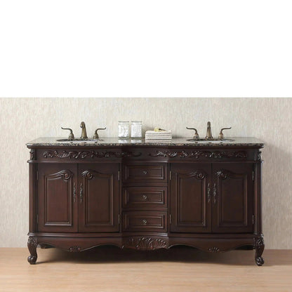 Stufurhome Cassandra 72" Dark Cherry Freestanding Bathroom Vanity with Oval Double Sinks, Baltic Brown Granite Countertop, 3 Drawers, 4 Doors and Widespread Faucet Holes