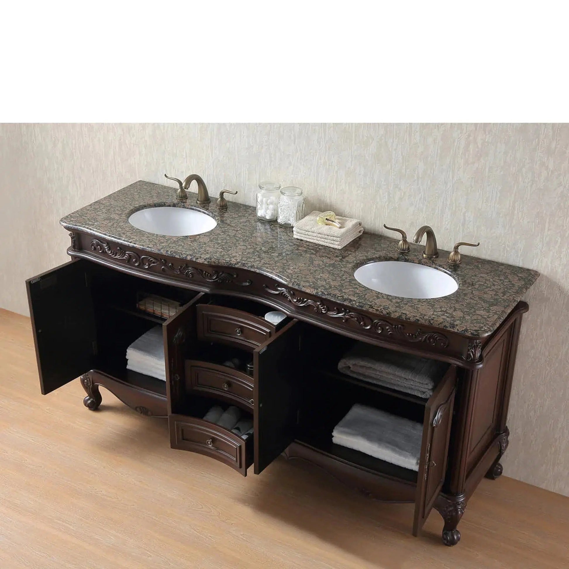 Stufurhome Cassandra 72" Dark Cherry Freestanding Bathroom Vanity with Oval Double Sinks, Baltic Brown Granite Countertop, 3 Drawers, 4 Doors and Widespread Faucet Holes