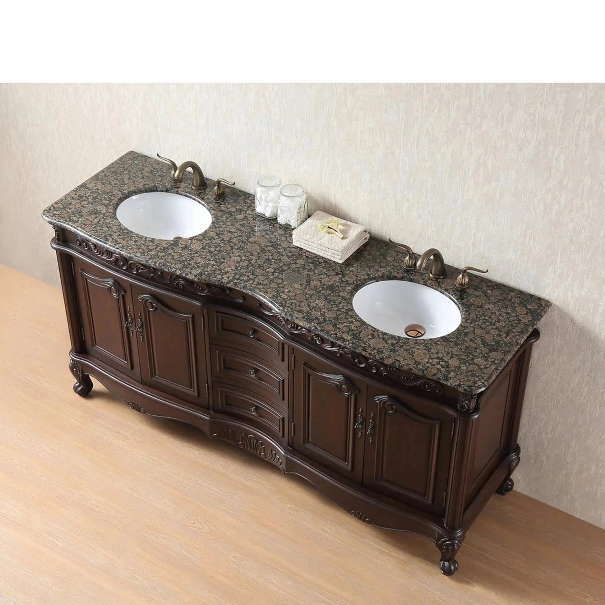 Stufurhome Cassandra 72" Dark Cherry Freestanding Bathroom Vanity with Oval Double Sinks, Baltic Brown Granite Countertop, 3 Drawers, 4 Doors and Widespread Faucet Holes