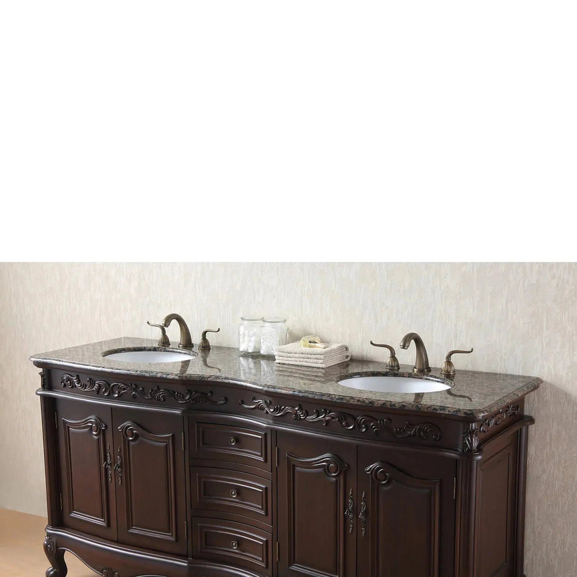 Stufurhome Cassandra 72" Dark Cherry Freestanding Bathroom Vanity with Oval Double Sinks, Baltic Brown Granite Countertop, 3 Drawers, 4 Doors and Widespread Faucet Holes