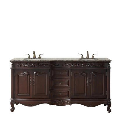 Stufurhome Cassandra 72" Dark Cherry Freestanding Bathroom Vanity with Oval Double Sinks, Baltic Brown Granite Countertop, 3 Drawers, 4 Doors and Widespread Faucet Holes