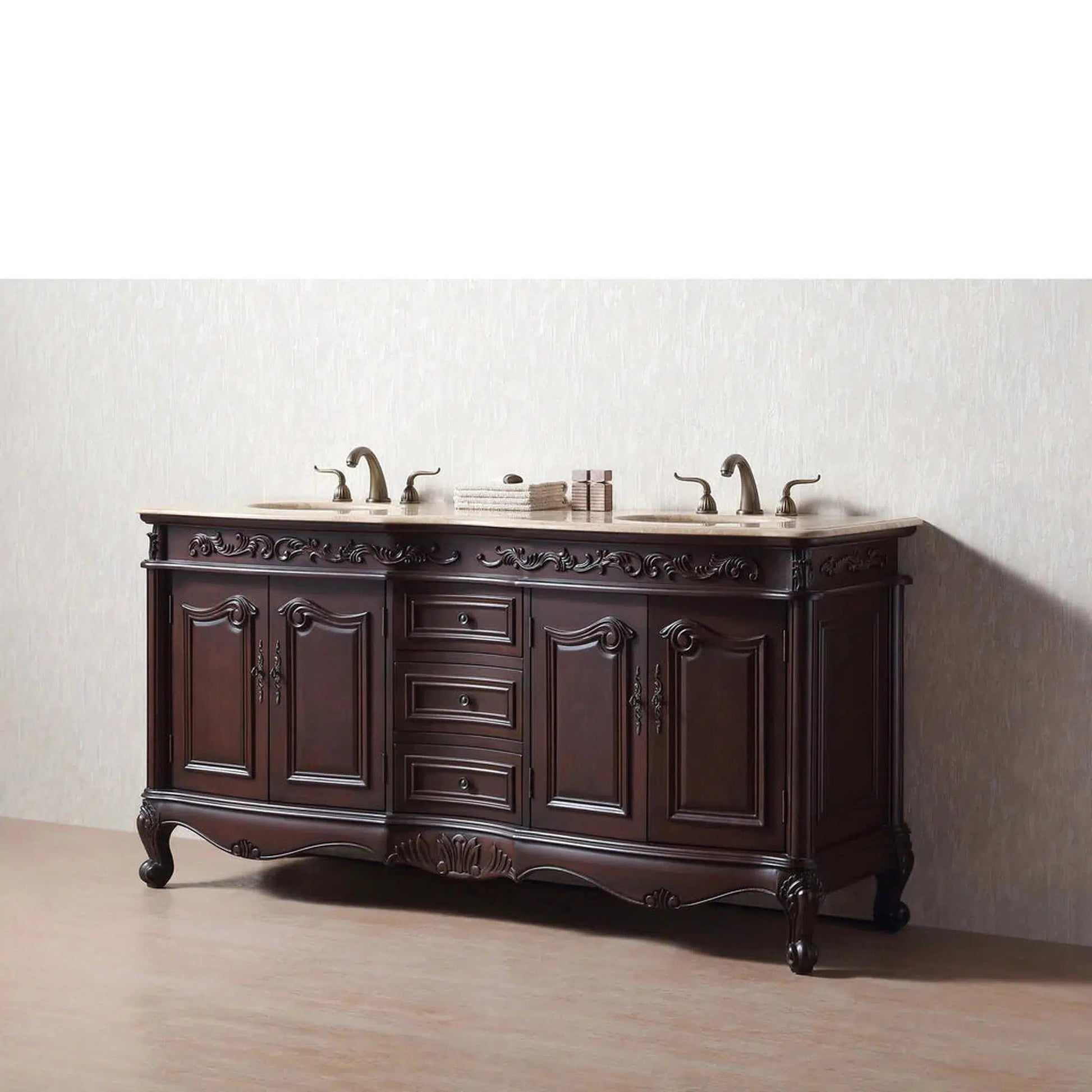 Stufurhome Cassandra 72" Dark Cherry Freestanding Bathroom Vanity with Oval Double Sinks, Travertine Marble Countertop, 3 Drawers, 4 Doors and Widespread Faucet Holes