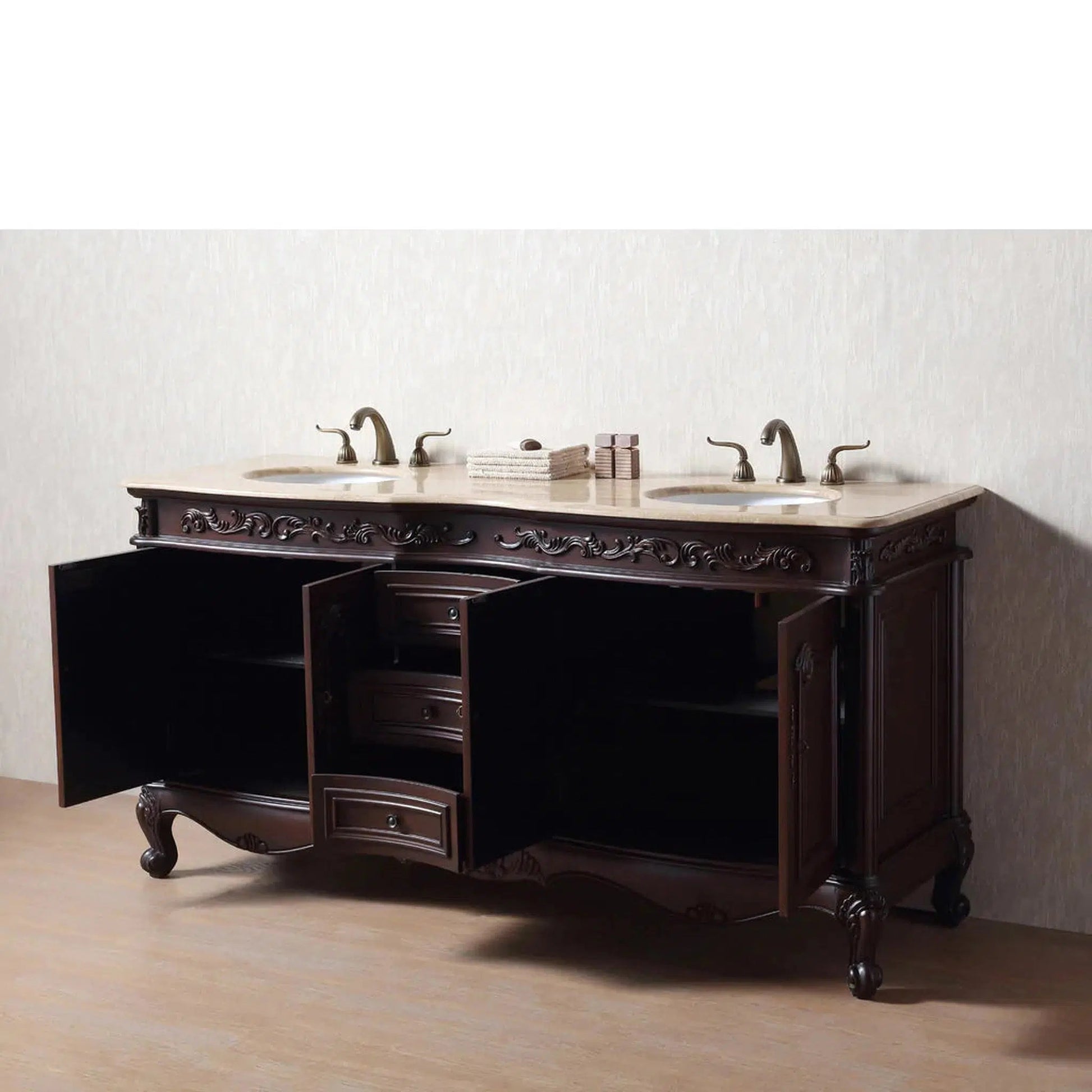 Stufurhome Cassandra 72" Dark Cherry Freestanding Bathroom Vanity with Oval Double Sinks, Travertine Marble Countertop, 3 Drawers, 4 Doors and Widespread Faucet Holes