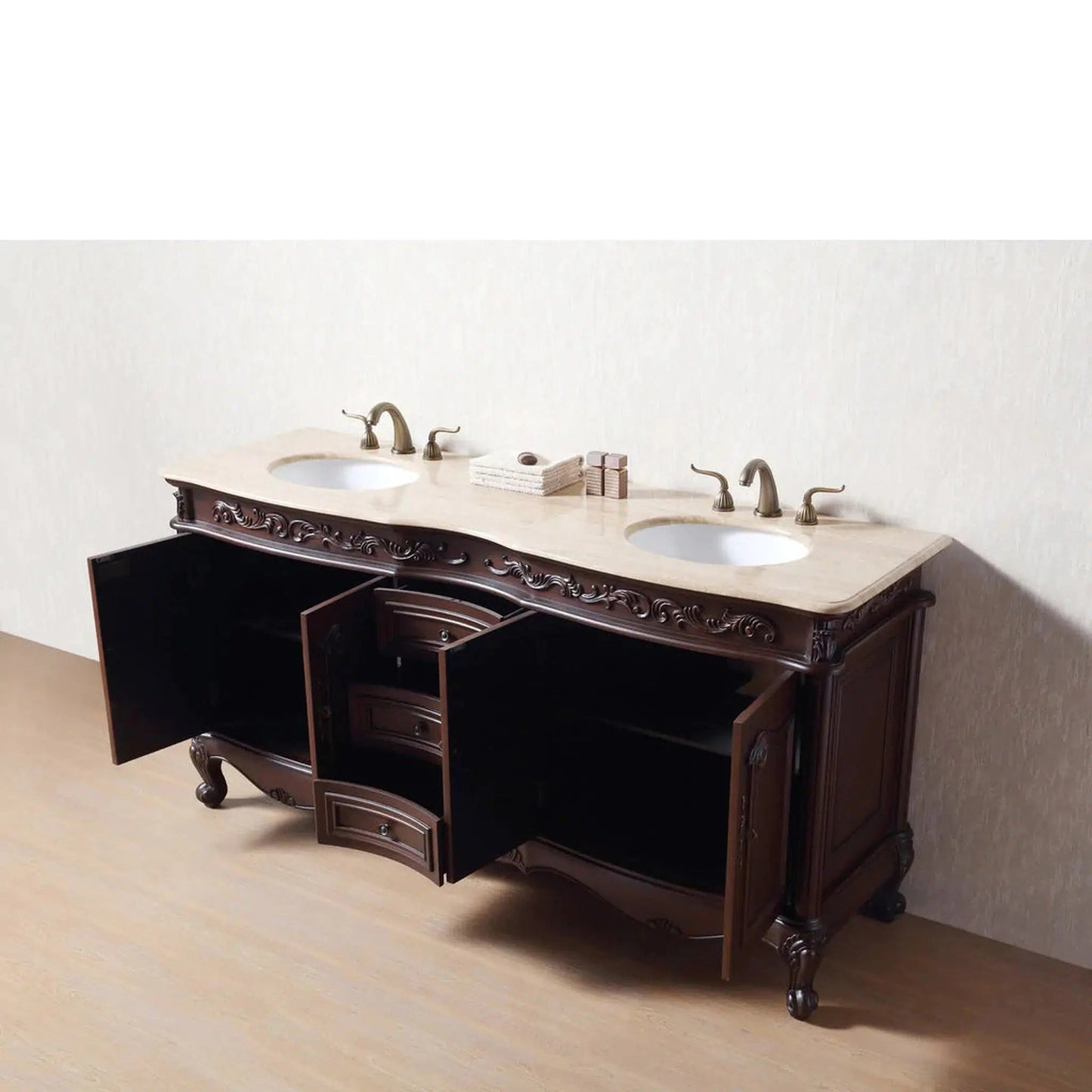 Stufurhome Cassandra 72" Dark Cherry Freestanding Bathroom Vanity with Oval Double Sinks, Travertine Marble Countertop, 3 Drawers, 4 Doors and Widespread Faucet Holes
